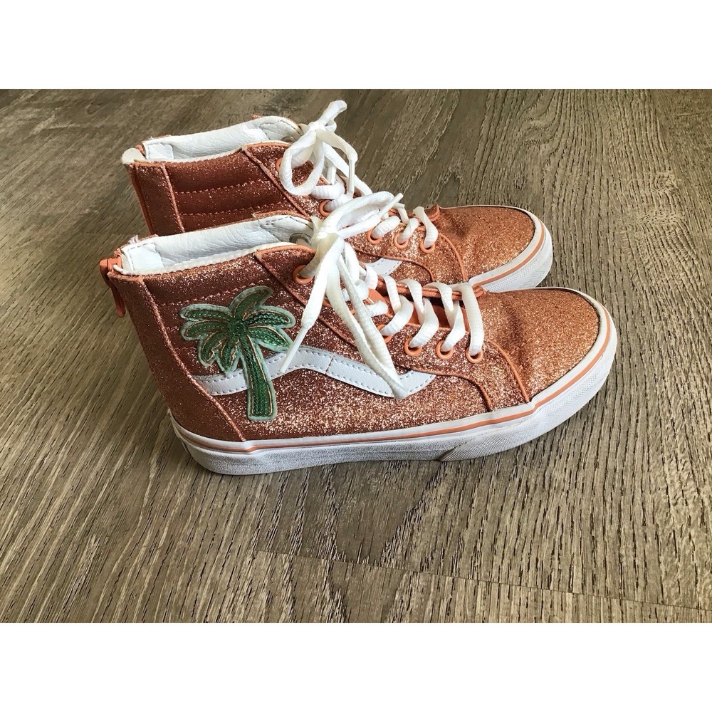 Vans Youth Girls Size 2 Shoes Pink Glitter Sequined Palm Trees Zipper Hi Top